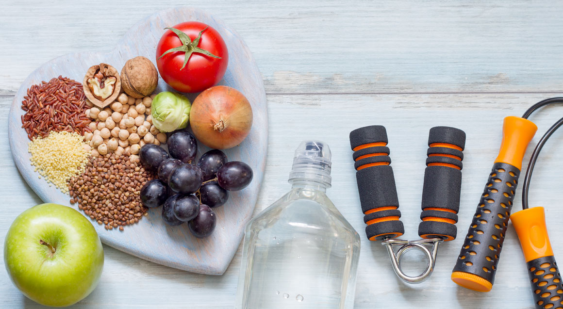 healthy food and exercise gear